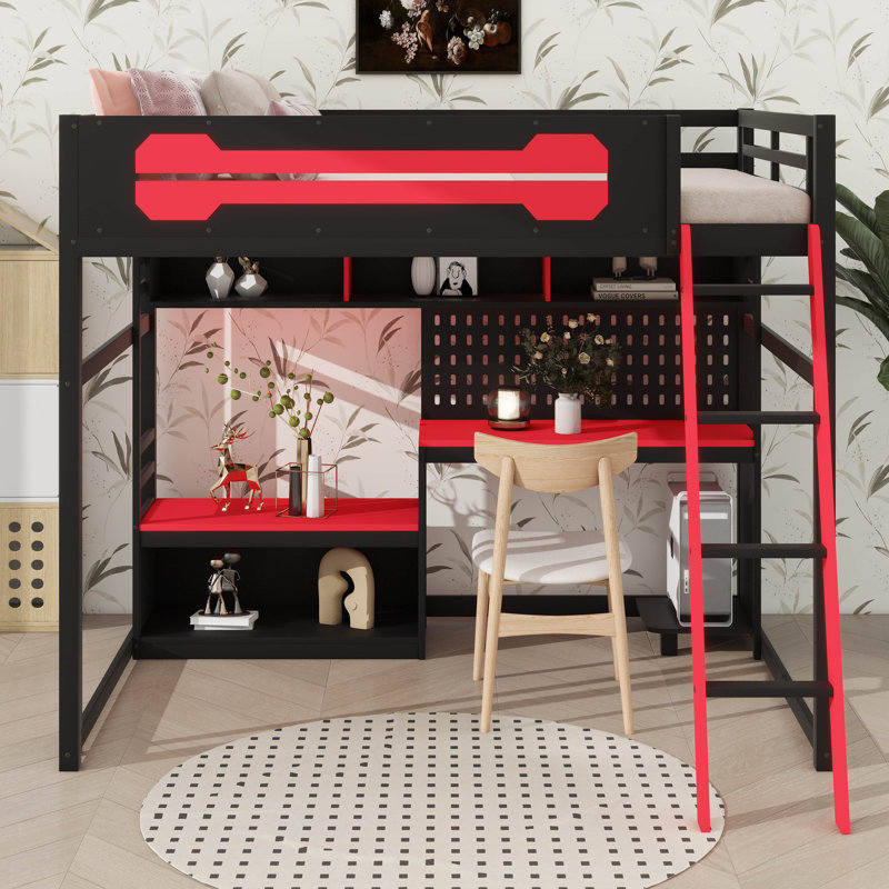 Structure contemporaine pour lit mezzanine double pleine grandeur, avec bureau, tablettes de rangement, lumières DEL, ports USB et panneau perforé
