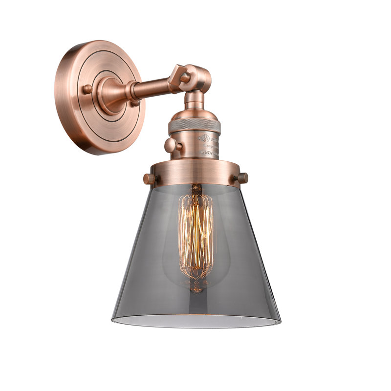 Applique murale 1 lumière Cone, Ampoule incandescente rétro 60 watts, Fumé, Cuivre antique