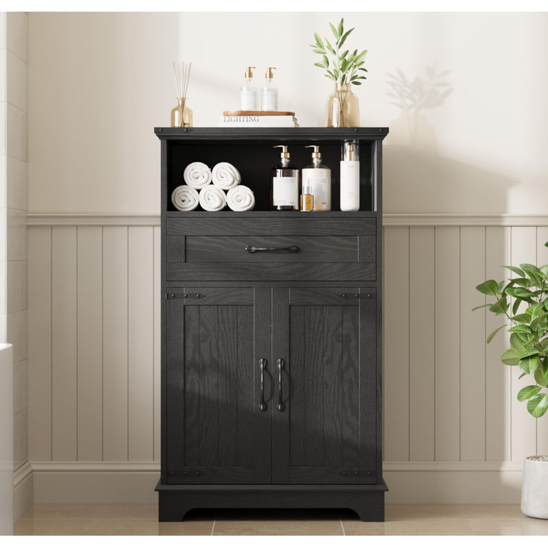Armoire de salle de bain Farmhouse avec portes et tiroirs, armoire de salle de bain autoportante pour cuisine et salon, Noir