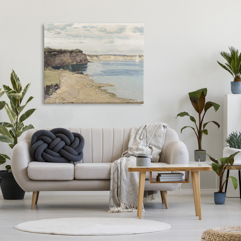 Still Still Oceanside Falaises et un voilier, peinture, Toile tendue, H 36 po x l 48 po