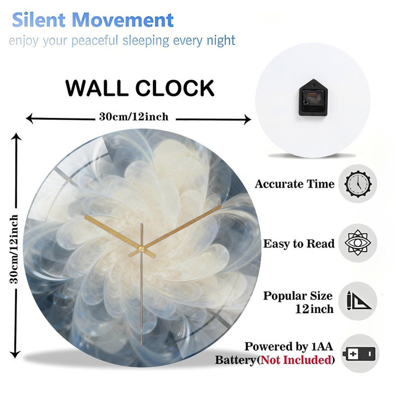Horloge murale 12 po ronde en verre trempé avec mouvement à quartz silencieux, Ivoire, bleu, gris