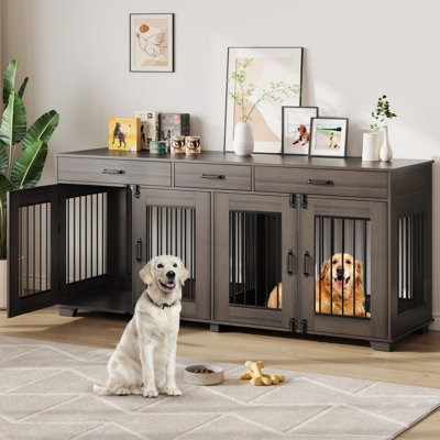 Large Double Dog Crate Furniture for Two Dogs – Heavy Duty Wooden Indoor Kennel with Removable Divider & 3 Storage Drawers, Secure Pet Bed, TV Stand Side Table