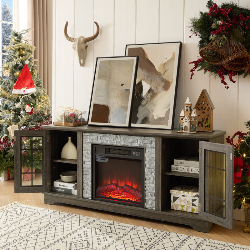 58" Modern TV Stand with 2-Door Storage & 18" Electric Fireplace, Faux Stone Media Console Cabinet, Yes, Gray