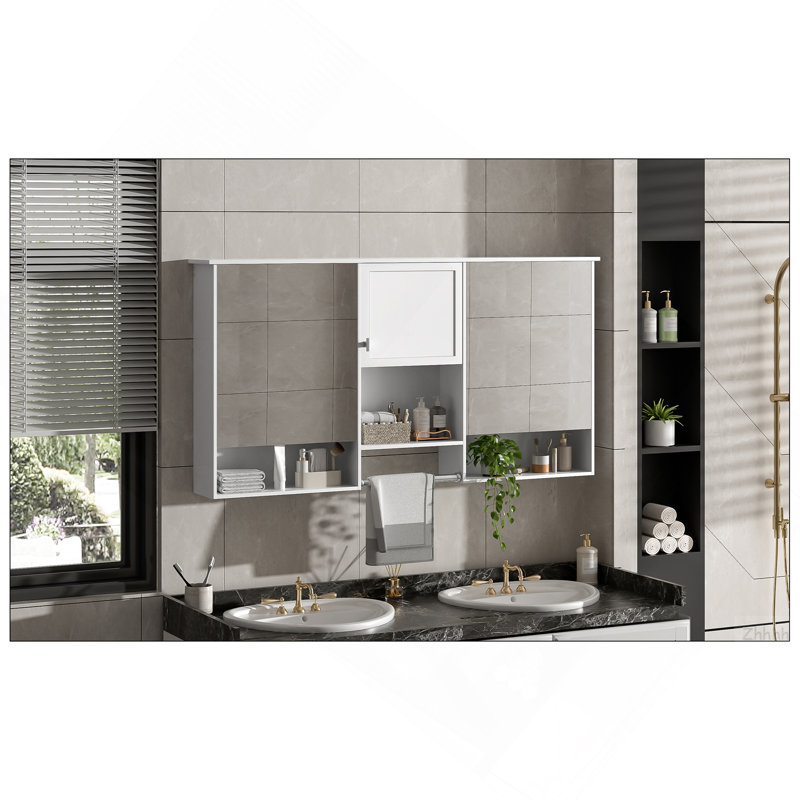 55 Inch Wall-Mount 3-In-1 Mirror Cabinet With Adjustable Shelf, Soft-Closing Hinges, High-Quality MDF, For Bathroom Vanity, Living Room, Bedroom Storage Organizer