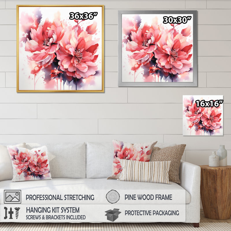 Red Peony Visons sur impression sur toile, Cadre simple noir, H 16 po x l 16 po x P 1 po