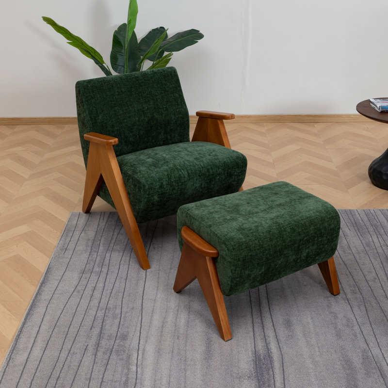 Upholstered Armchair with Footstool, Green, 1