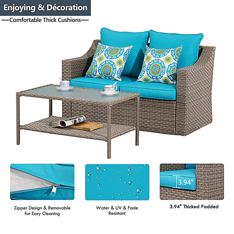 Outdoor Brown Wicker PE Rattan Patio Sofas Double Couch Set With Coffee Table Couch Cushion, Blue