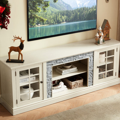 70" Modern White Entertainment Center With 2-door Storage, Faux Stone Design, 75'' Tv Compatibility, 6 Cable Management Cutouts, 4 Shelves Stand Stack