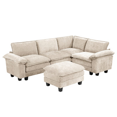 Contemporary 5 Modular With , Soft Taupe Chenille Fabric, Plywood Structure, Pocket Coil Support, Adjustable , Reversible Cushions, Removable Covers, Exposed Black Faux Wood Feet, 300Lbs Per Seat