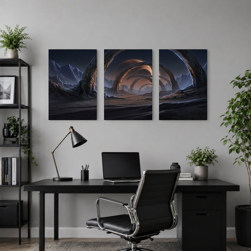 "Alien Landscape" avec planètes annelées et arches de pierre, ensemble de 3 toiles, 30"H x 20"W x 3pcs
