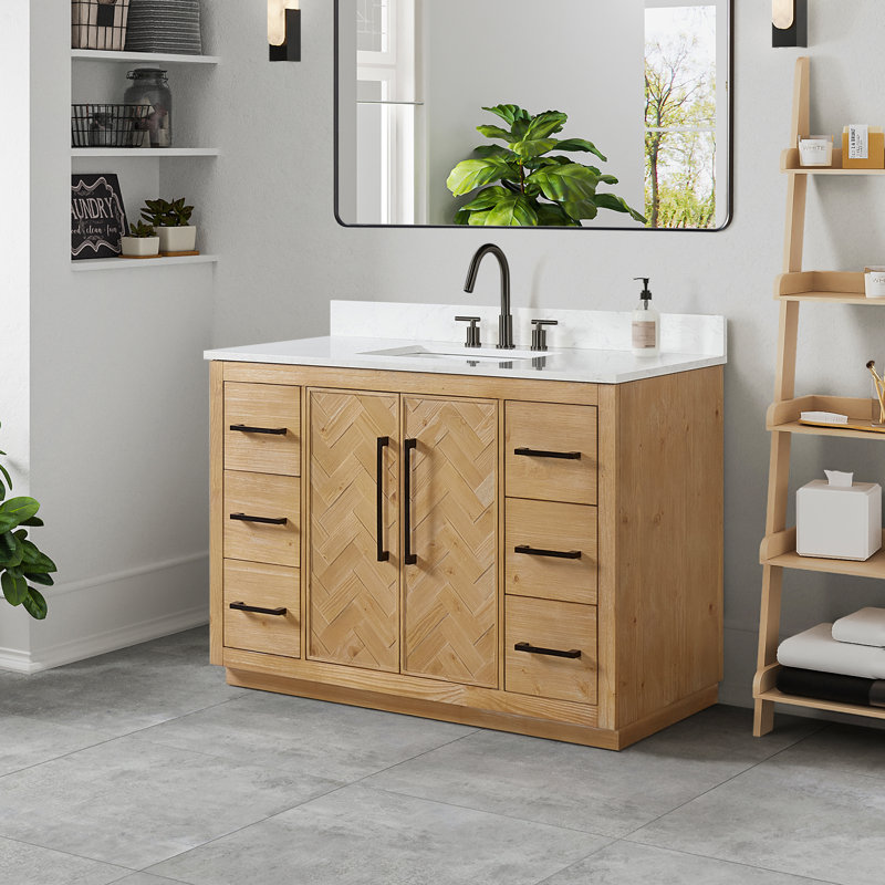 Jareth 48'' Natural Wood Single Bathroom Vanity with White Stone Top