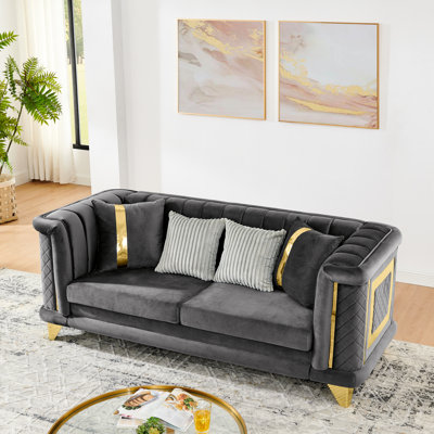 Gray 3 Seater 89 - Inch Luxury Mid Century Victorian Velvet Couch With Embroidered Texture, 4 Pillows And Rolled Arms For Primary Living Space Seater, Inches, Gray, Century, Victorian, Luxury, ,