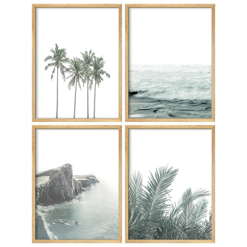 «Coastal Serenity Green and White Tones Modern Artwork Minimalist Wall Decor», 4 pièces, Or, H 32 po x l 24 po