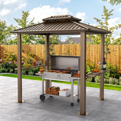 Pavillon de jardin à toit rigide, pavillon de patio extérieur avec double toit en acier galvanisé, pavillon de barbecue à toit rigide avec 2 tablettes latérales