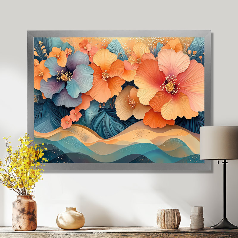 Hibisuc tropical dans une symphonie côtière I - Hibiscus, art mural, H 34 po x l 44 po, Argent argent