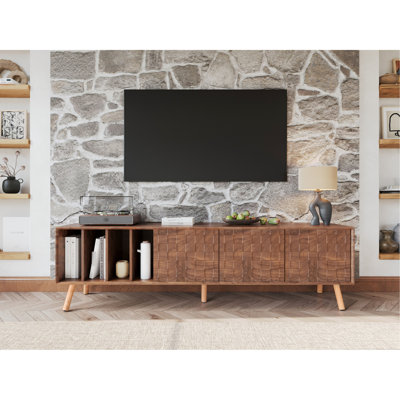 Meuble télé 70 po, conception moderne de style Mid-Century, pieds en bois massif, noyer, vaste espace de rangement pour meuble multimédia de 70 po, accessoires de rangement abondants