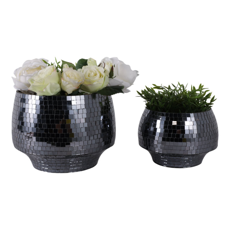 Decorative Metal Planters With Mirrored Mosaic Surface Durable Indoor Outdoor Display Containers Modern Accent Home And Garden Decor Stylish Plant Holder Set Of 2