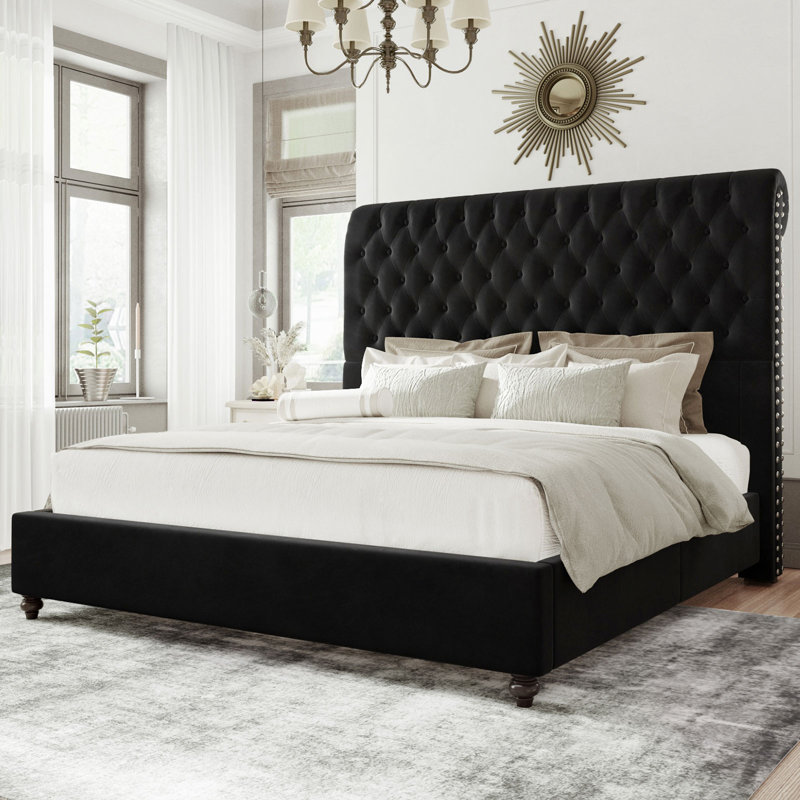 Lit plateforme tapissier Alhaji, Grand, Noir