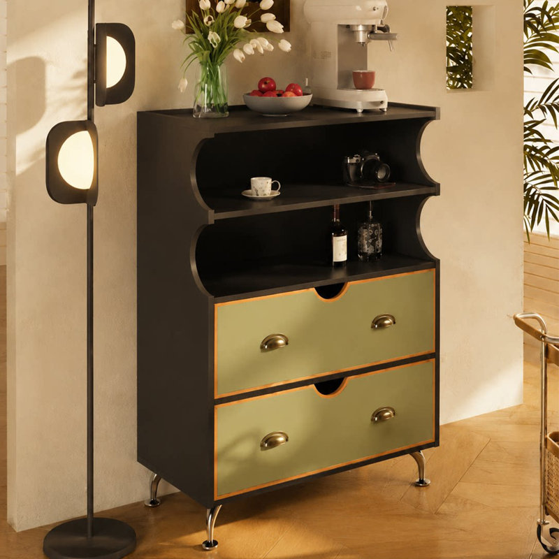 Meuble d'appoint moderne en bois massif vert, noir et argent avec éléments en acier inoxydable, Green