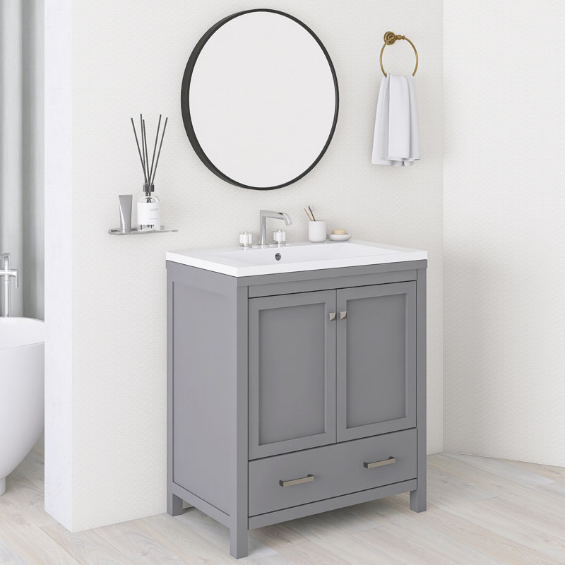 30 pouces Meuble-lavabo gris avec lavabo simple en céramique | Armoire de rangement pour salle de bain avec 2 portes et un tiroir | Fermeture douce | Rangement multifonctionnel | Cadre en bois massif