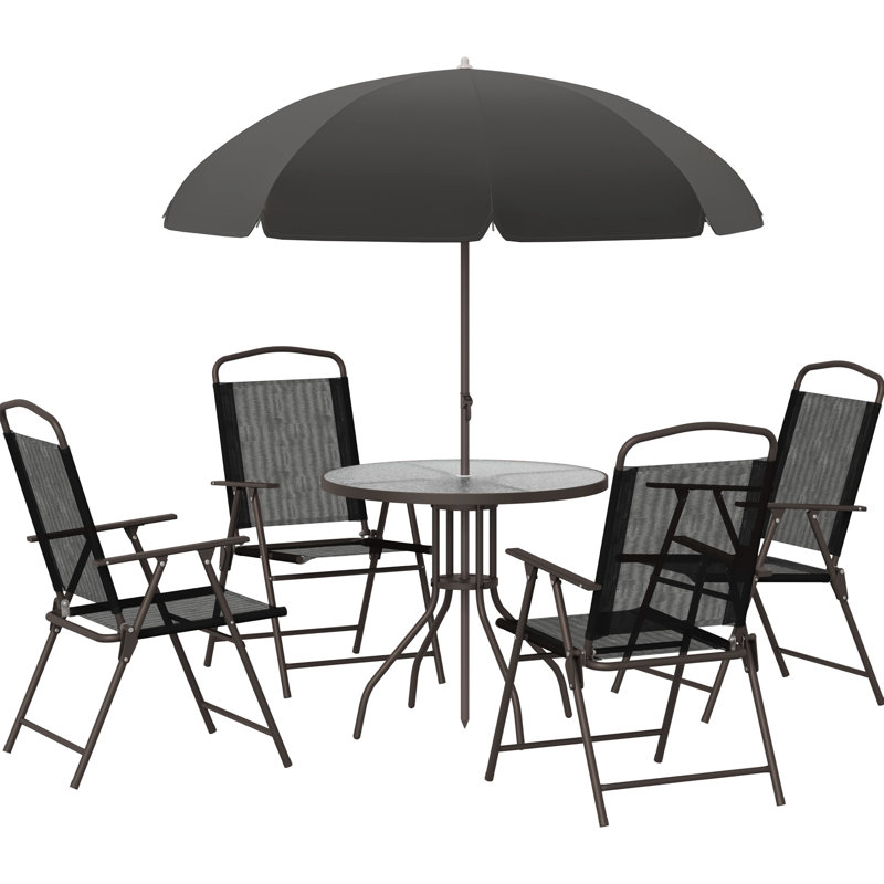 Black 6 Piece Patio Dining For 4. Outdoor Table & Chairs With Umbrella. Folding Breathable Interior Fabric. Round Glass Garden, Backyard, Pool. Fatigue-. 20.67"W X 25.73"D 37.2"H. 31.5" . 27.25"H