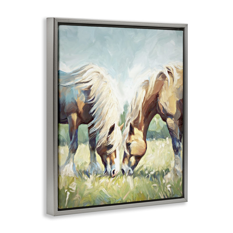 «Horses Grazing Together» par Ramona Murdock, Cadre flottant gris lustré, H 31 po x l 25 po