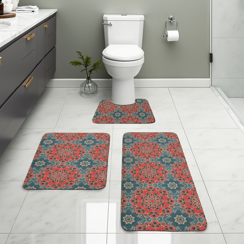  Ensemble de tapis de salle de bain 3 pièces Mandala, corail foncé et bleu ardoise