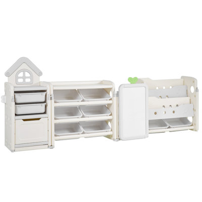 Rangement pour jouets pour enfants avec bibliothèque, grand organisateur de rangement pour jouets à 4 niveaux avec 10 bacs mobiles en plastique, armoire pour enfants avec bibliothèque et planche à dessin pour salle d'étude, salle de jeux, salle de classe, chambre de bébé