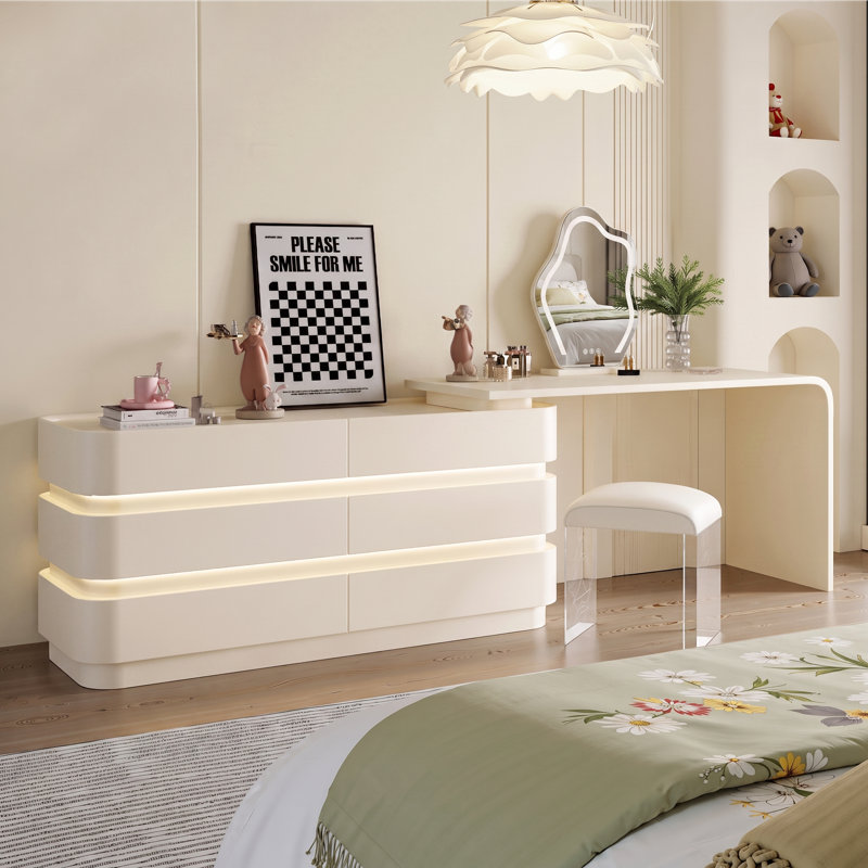 Modern Makeup Vanities Table with 6-Drawers, Retractable 360 ° Rotation, LED Emit Light Vanity Desk