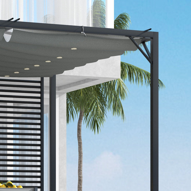3 x 2.8m Grey Metal Pergola with Retractable 180GSM Polyester Canopy, Adjustable Sun Shade and Drainage Grommets for Outdoor Patio Use
