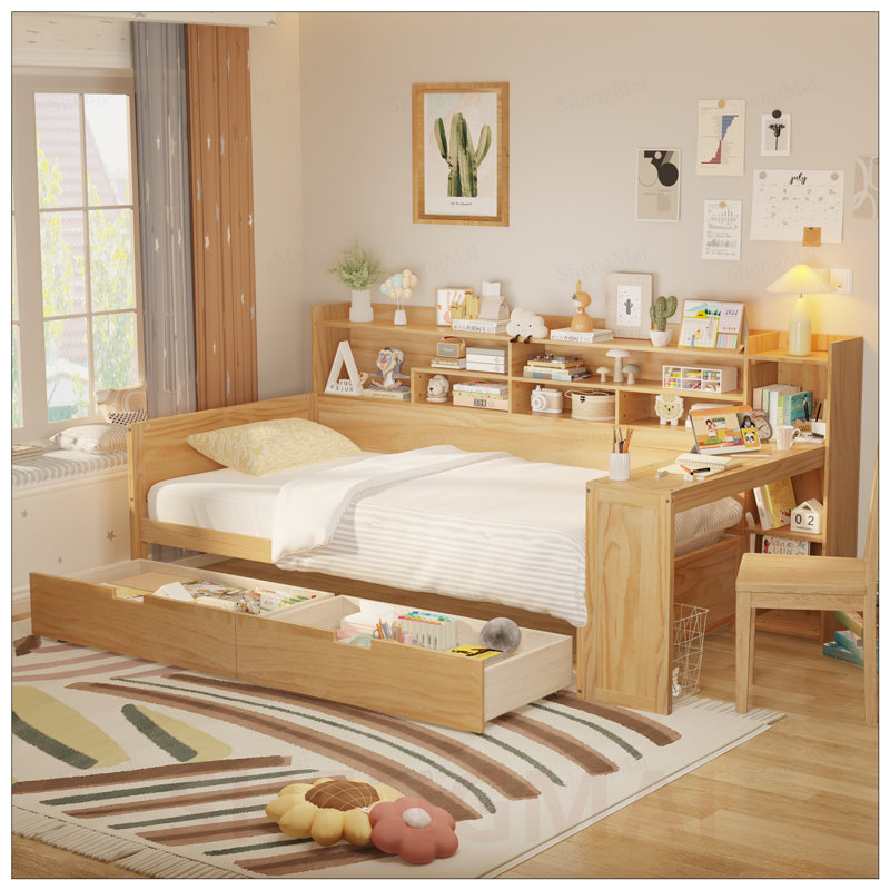 Lit de jour simple en bois avec tablettes de rangement, lit multifonctionnel avec 2 tiroirs et bureau d'étude, Twin, Natural