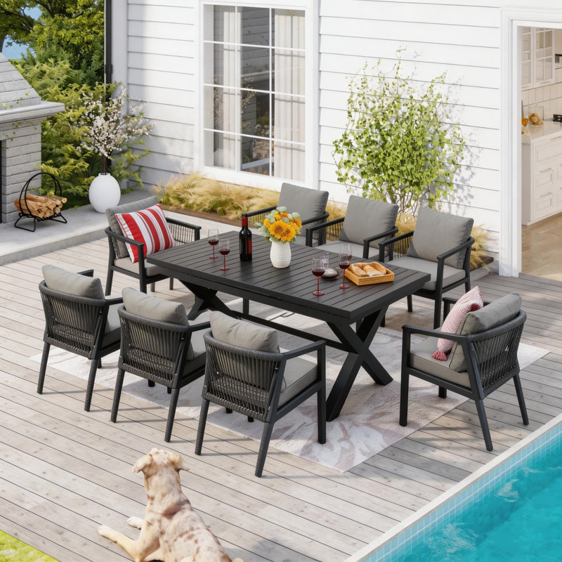Aluminum Outdoor Dining Set with Tabl & Padded Armchair, Dining Table, 9 Pieces, No