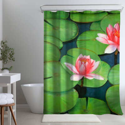 Blue Botanical – Lotus Flowers in Swamp – Polyester Shower Curtain, Dye Sublimation Print, 71" W × 74" L