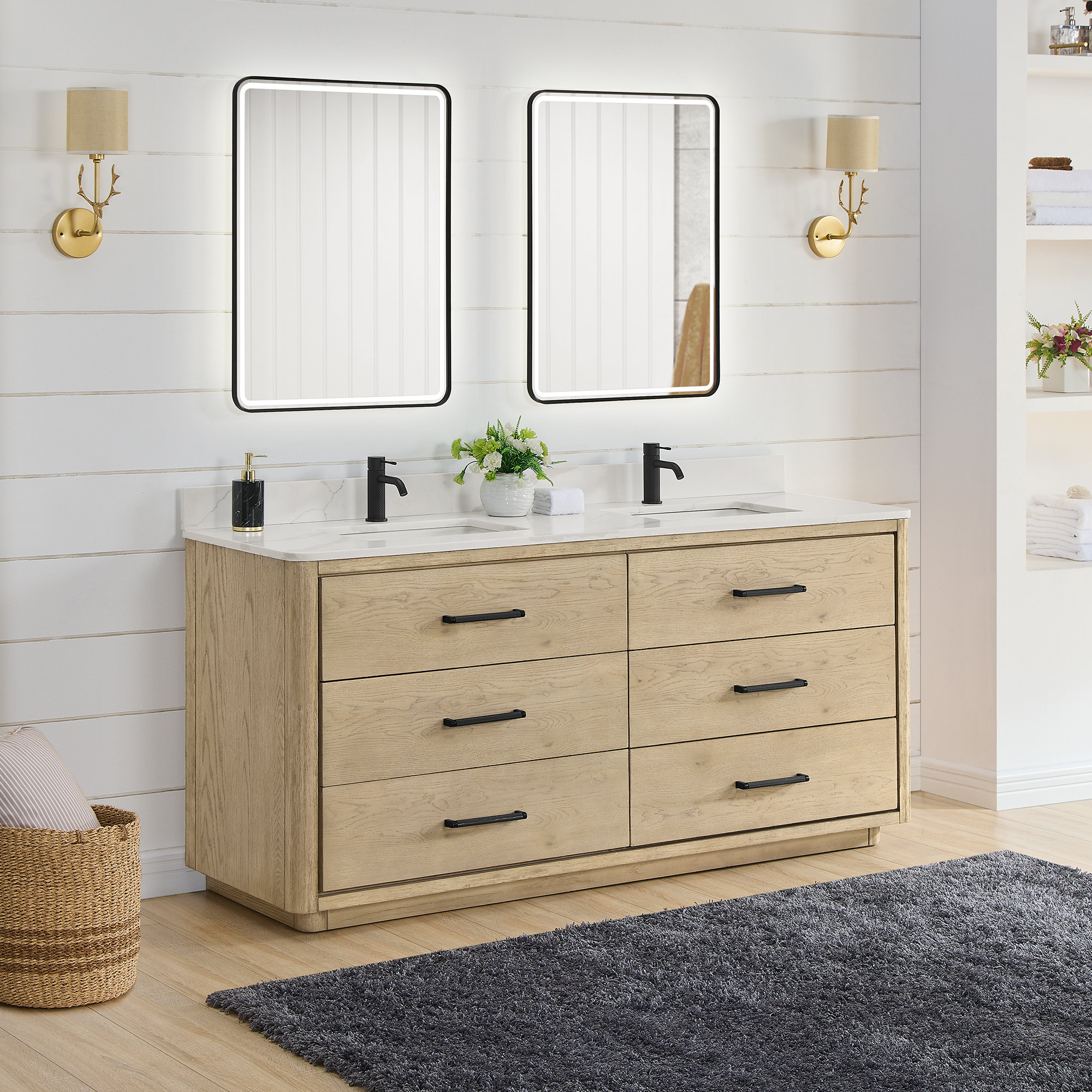 Porto 72'' Double Bathroom Vanity, Natural Oak, Matte Black