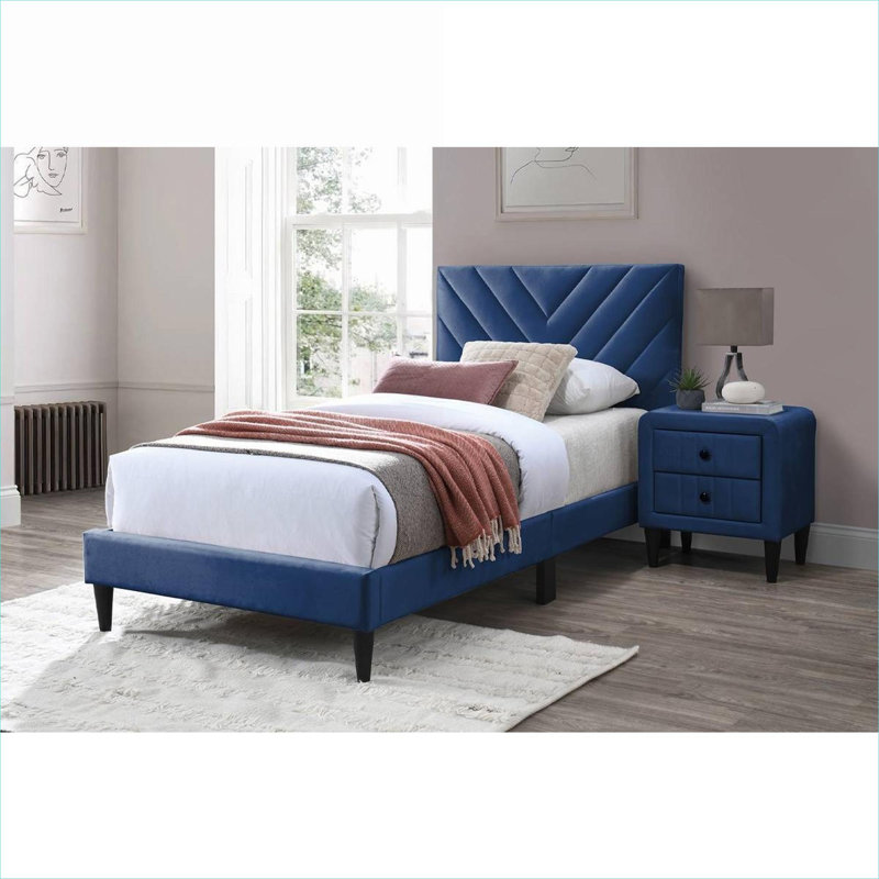 Lit simple en velours bleu riche, mobilier de chambre à coucher réglable de luxe contemporain avec pieds de support centraux, aucun sommier requis