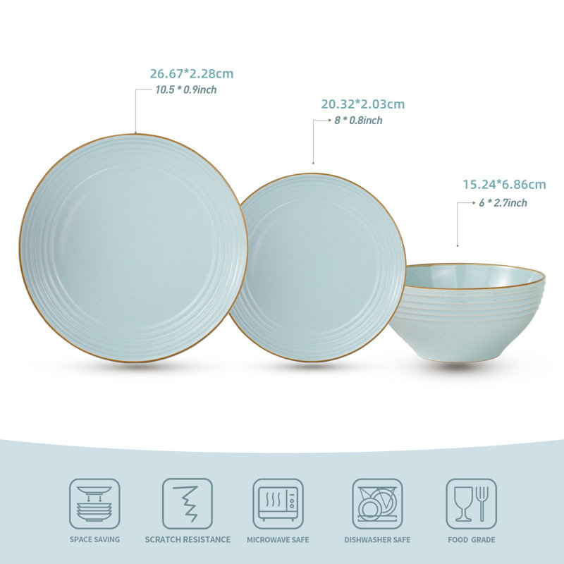 Stoneware Dinnerware Set 12 Piece - Service for 4, Light Blue