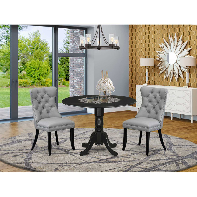 3-Piece Antique Walnut Finish Solid Wood Top-Round Upholstered Dining Room Set with Dropleaf-Seats 4, Black, Light Gray