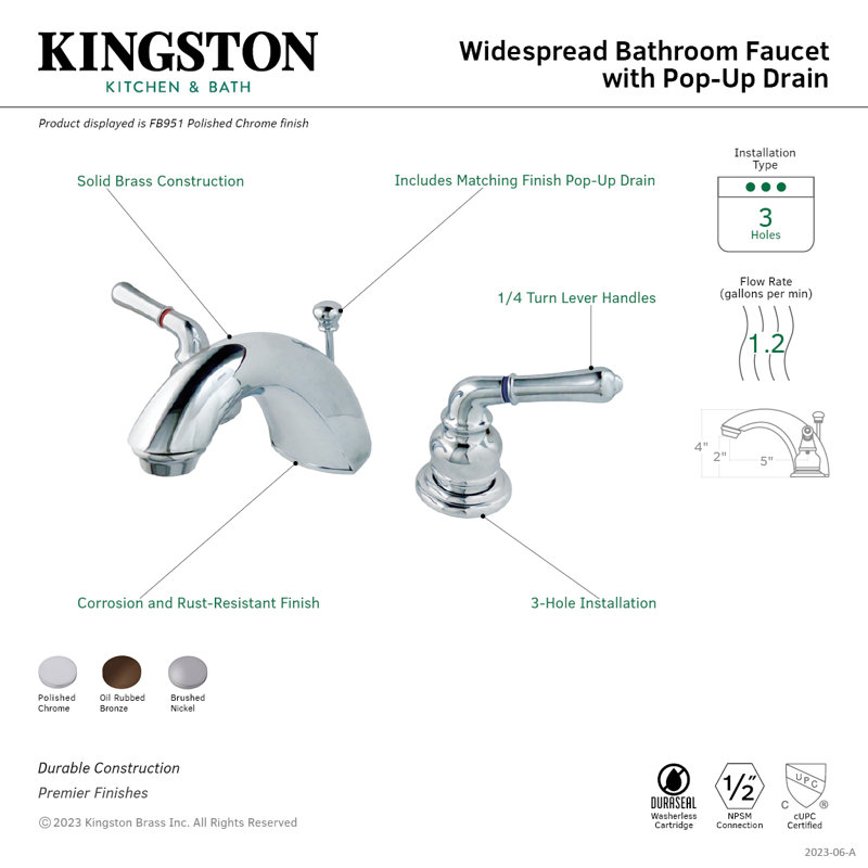 Kingston Brass Two-Handle 3-Hole Deck Mount Widespread Bathroom Faucet with Retail Pop-Up Drain, Brushed Nickel