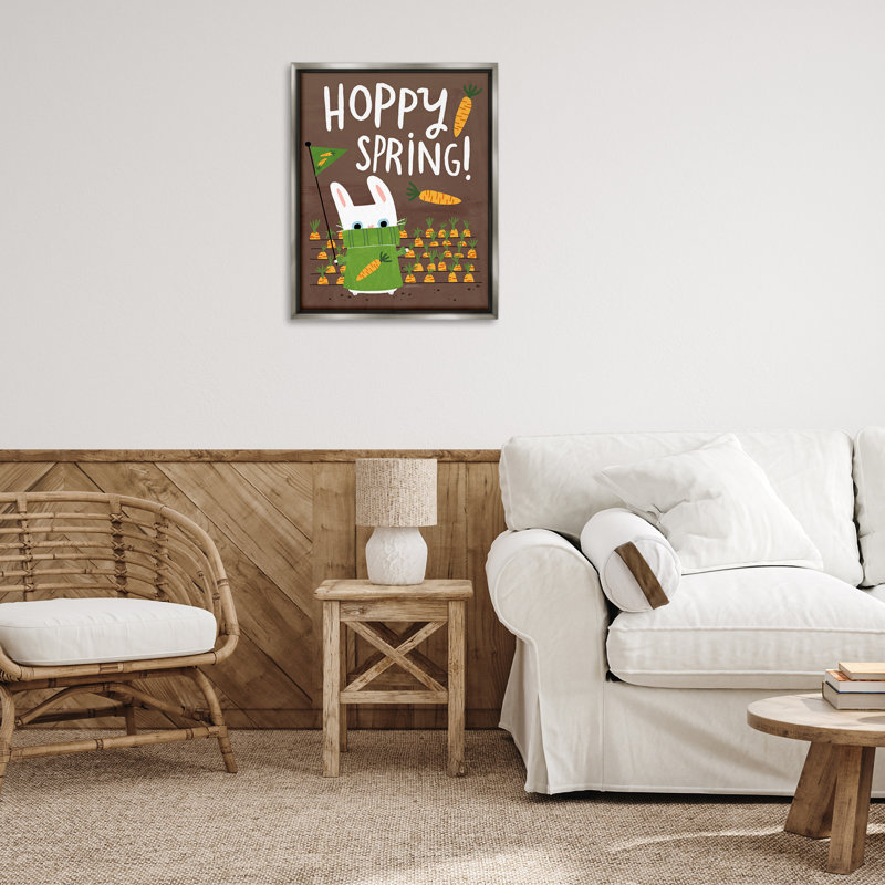 «Happy Spring Bunny & Carrots», art mural sur toile flottante brune par Leeza Hernandez, Cadre flottant gris lustré