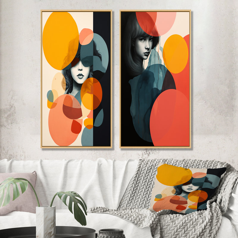 «Woman Portait Collage Fusion Forms I - Abstract Collages», ensemble d'art mural sur toile, Cadre flottant brun