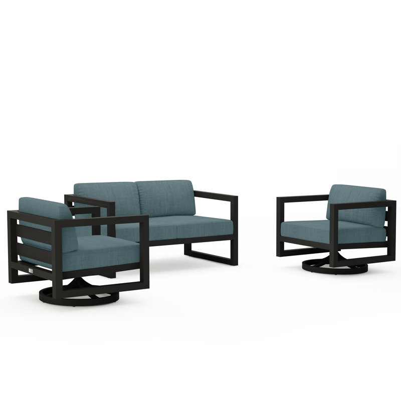 Avion 3 Piece Loveseat Set With Swivel, Slate, Cast Lagoon Sunbrella® Plainweave