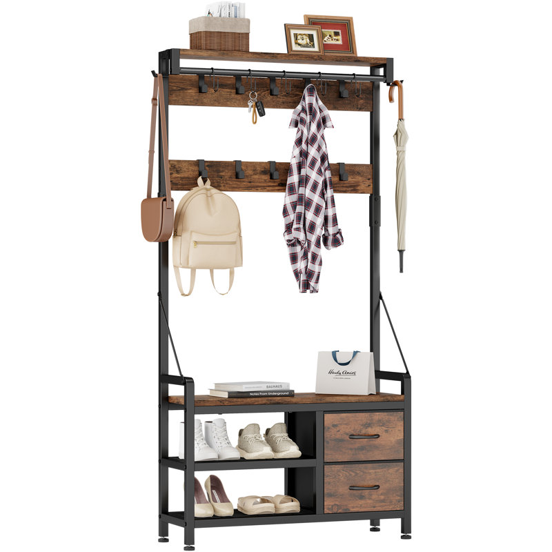 Arbre d'entrée en bois 5-en-1 avec banc à chaussures, portemanteau, crochets, tiroirs et tablette supérieure - Organisateur de maison de campagne moderne pour vestibule ou vestibule