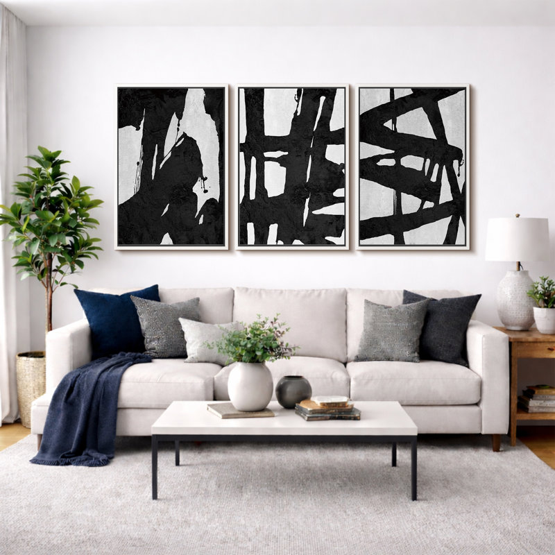 BAW ", noir et blanc, gris, coup de pinceau audacieux, peintures murales abstraites et contemporaines modernes, impression sur toile encadrée, 3 pièces