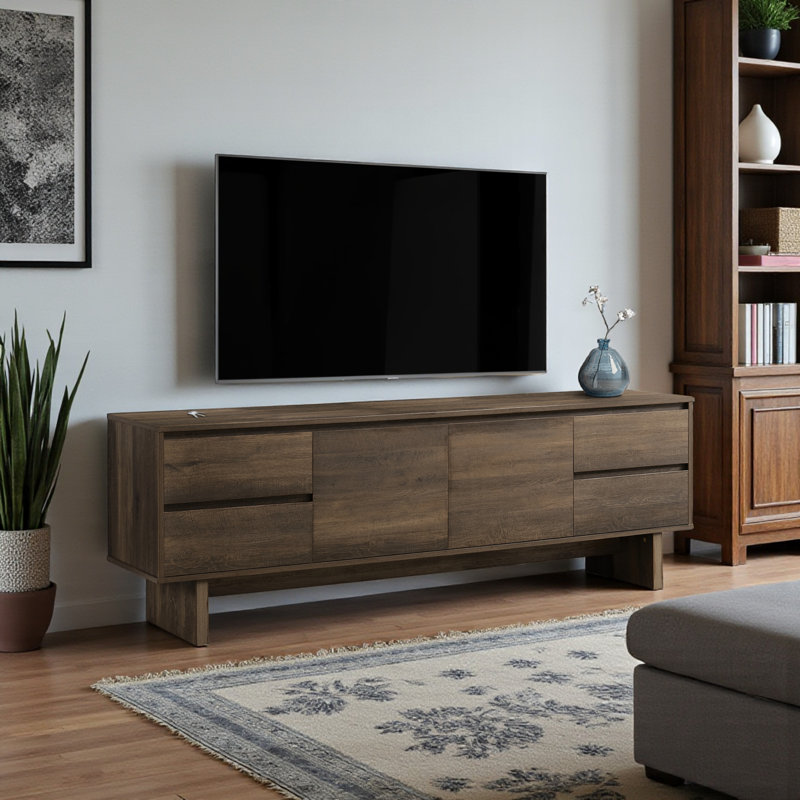 Meuble télé, console de 72 po, meuble multimédia, tiroirs de rangement, armoire de rangement, stratifié brun