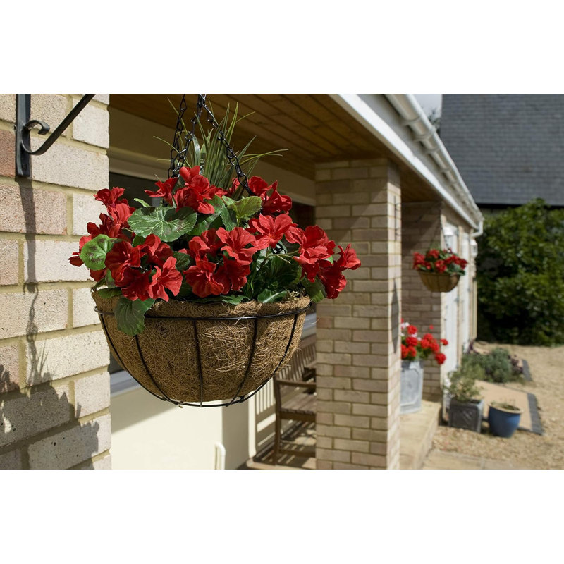 2 x Artificial Faux Silk Geraniums in Coco Coir Hanging Baskets Ideal for Home, Office Outdoor Living 25cm/10in, Red