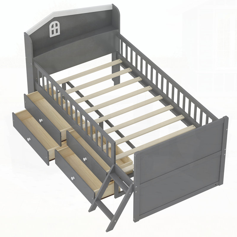 Structure de lit simple polyvalente avec plusieurs options de rangement et caractéristiques de sécurité, Gris