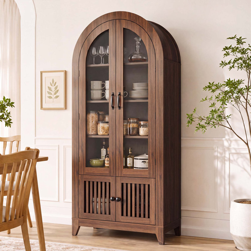 Vitrine de rangement arquée avec portes en verre et tapis réglables pour le salon de la cuisine, Noyer