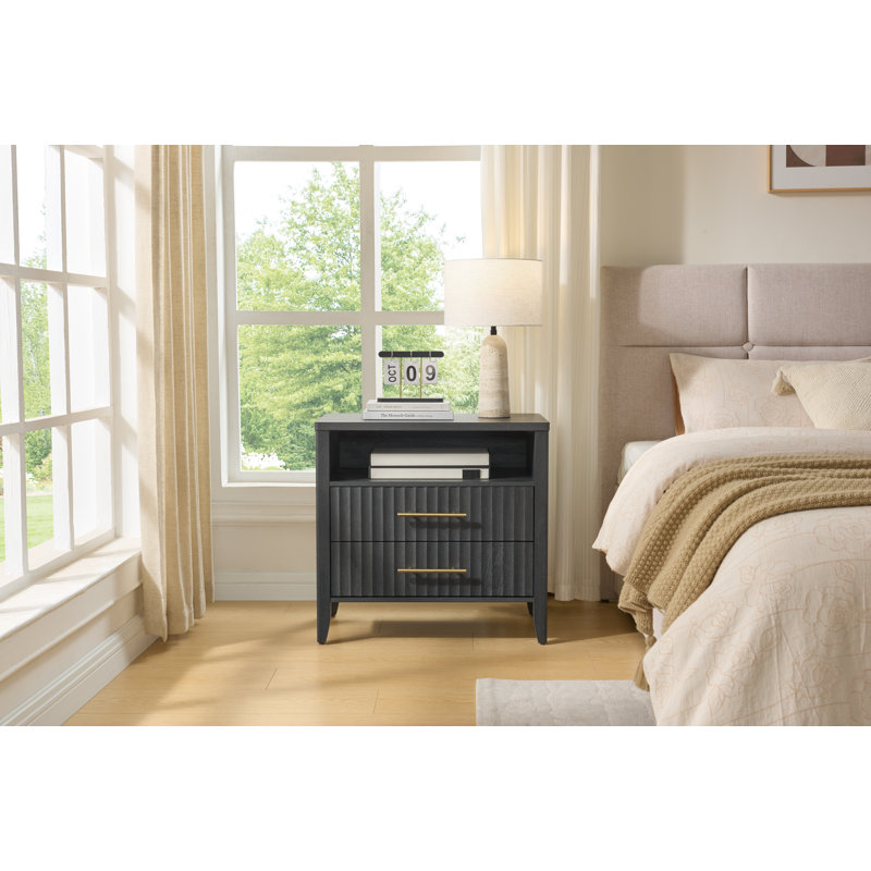 Aaryahi 27inch Fluted 2 Drawers Nightstand Black - 1PCS, Black, Individual