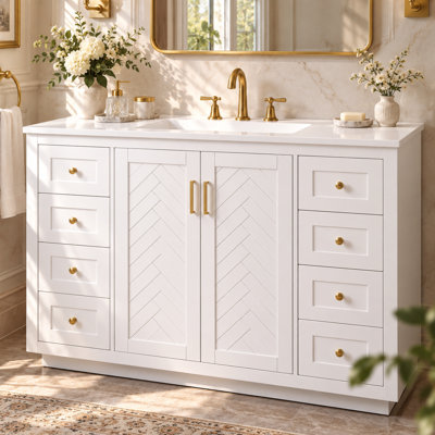 Meuble-lavabo 48 po avec comptoir en composite, 6 tiroirs, 2 portes à chevrons à fermeture en douceur, poignées dorées et plomberie à dossier ouvert