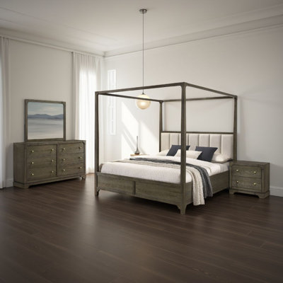 Ensemble de chambre à grand lit 4 pièces Seon, bois massif brun foncé, lit à baldaquin